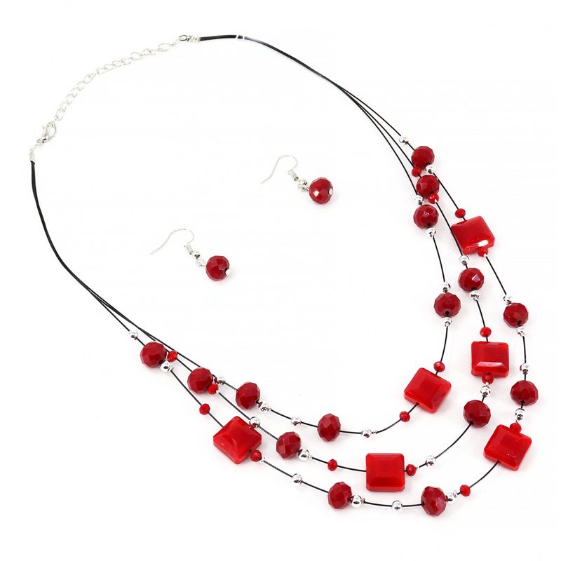 Red Squares and Crystal Multiwire Fashion Set - Click Image to Close